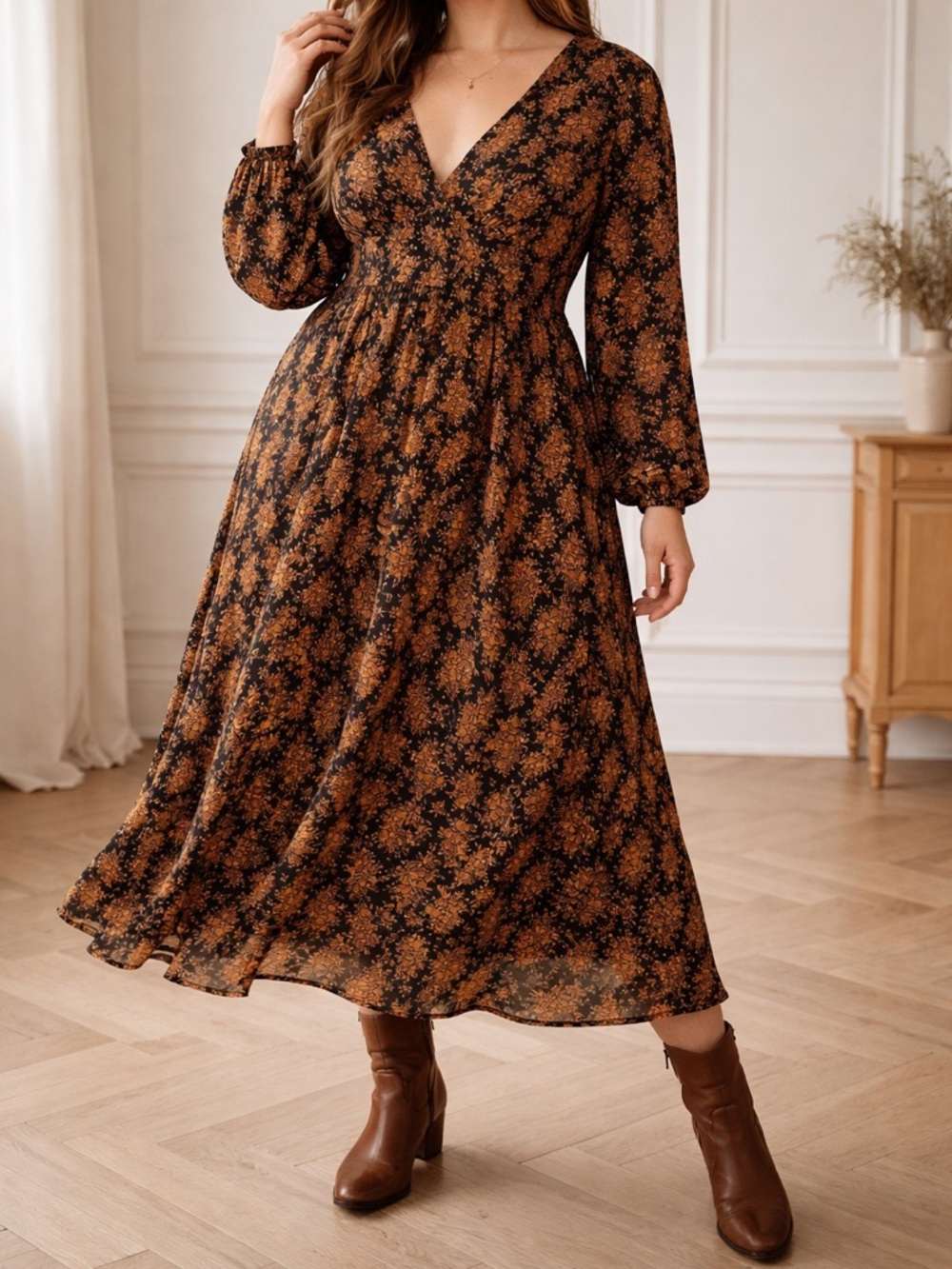 Lulu’s Graceful Impression Black and Orange Floral Print Midi Dress